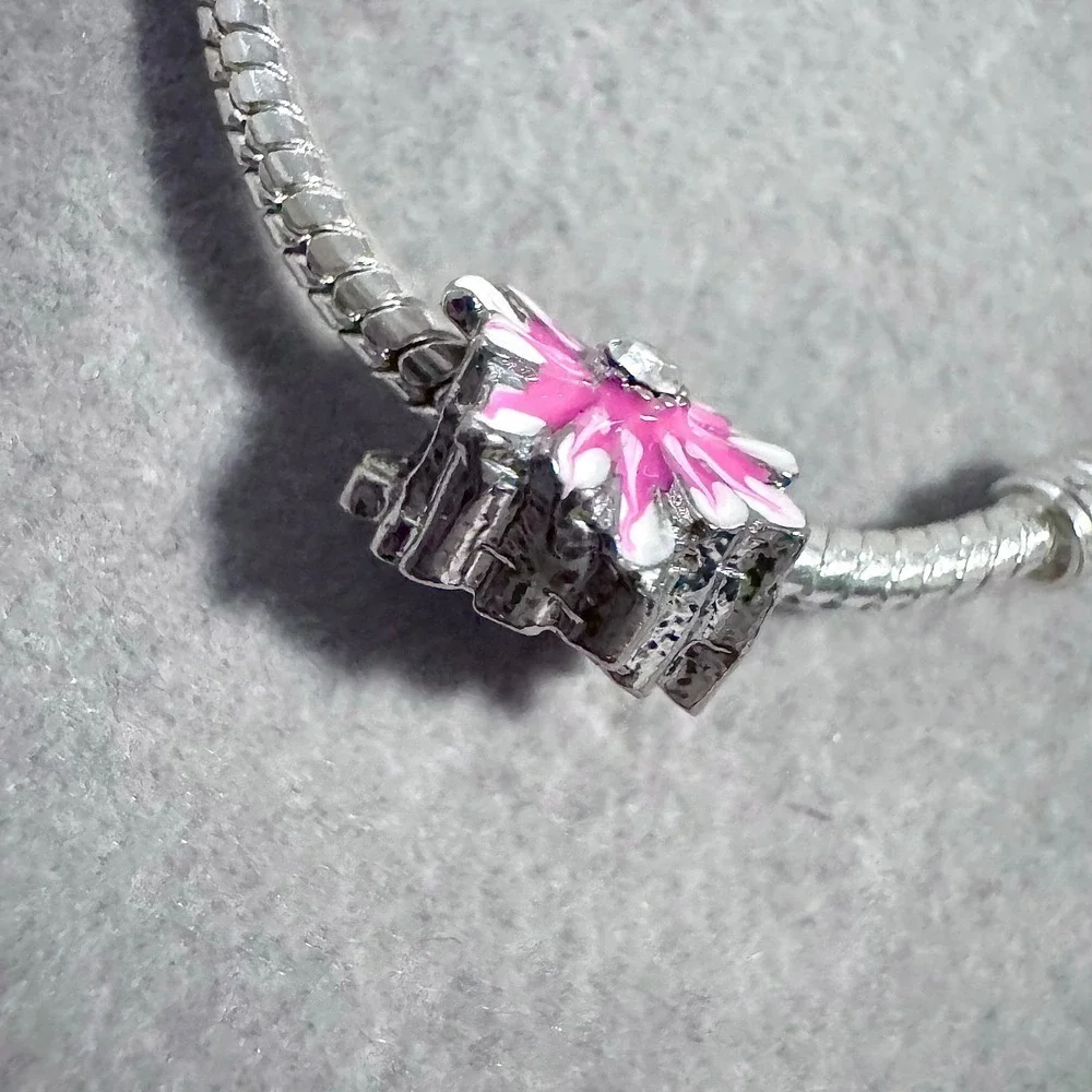 Pink White Enamel Flower Bead Charm fits‎ PANDORA